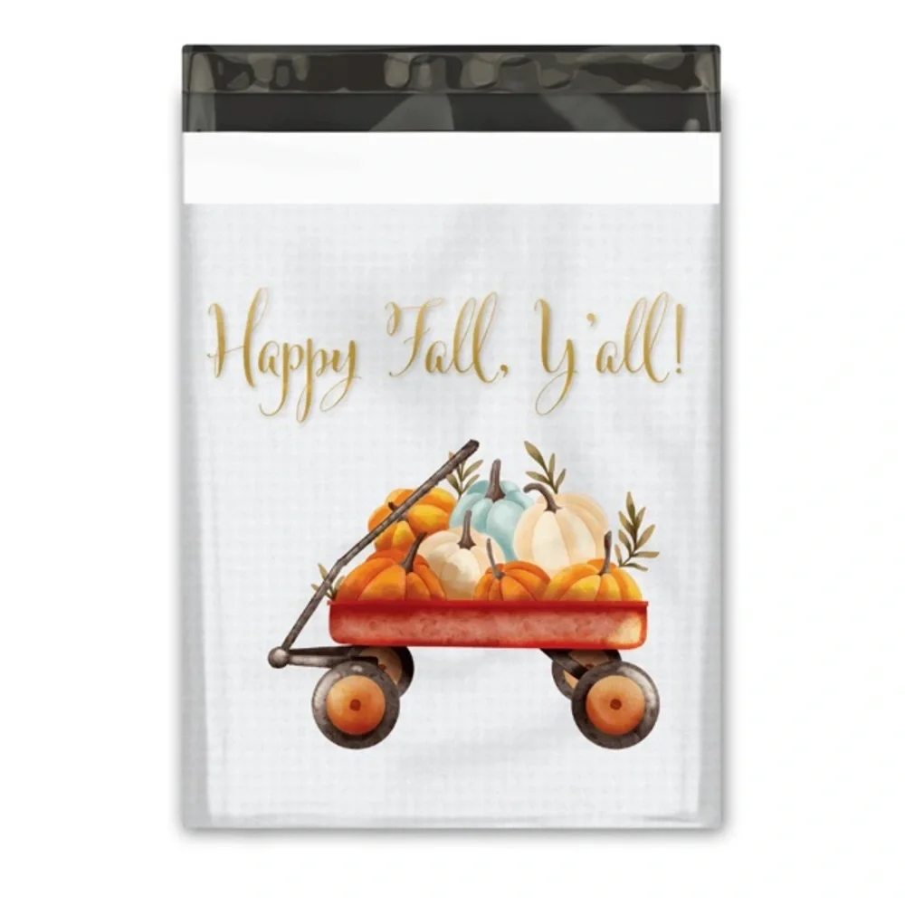 Set of 20 Happy Fall Y’all Pumpkin Wagon 10x13 Poly Mailers Orange Gray White